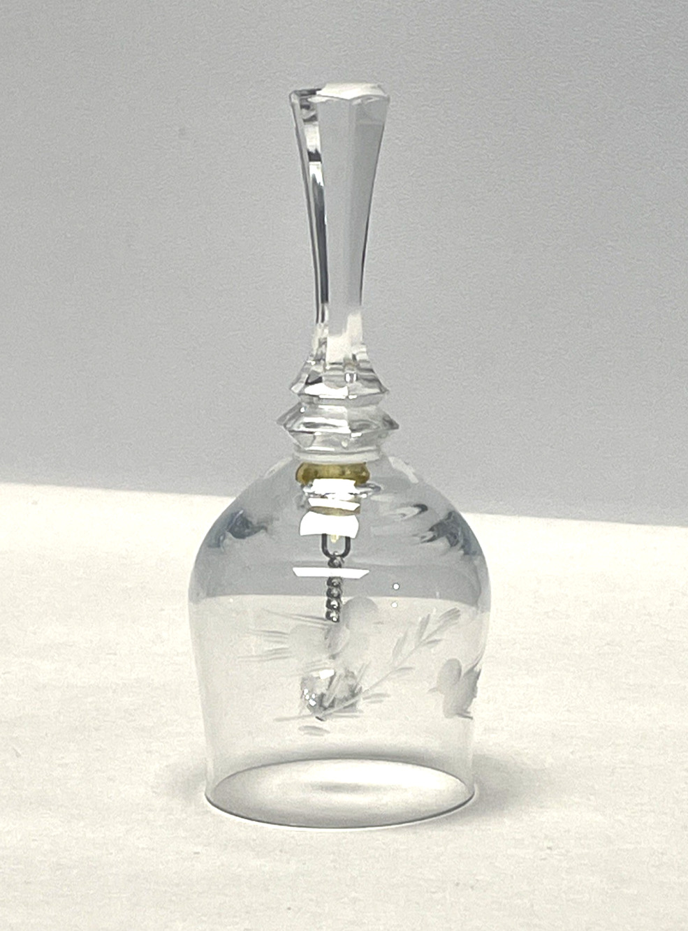 Vintage Clear Glass Bell with Engraved Birds & Crystal Clapper 4.5"